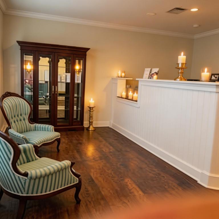 The welcoming waiting room at MerLeaux Aesthetics and Wellness featuring warm decor and skincare products