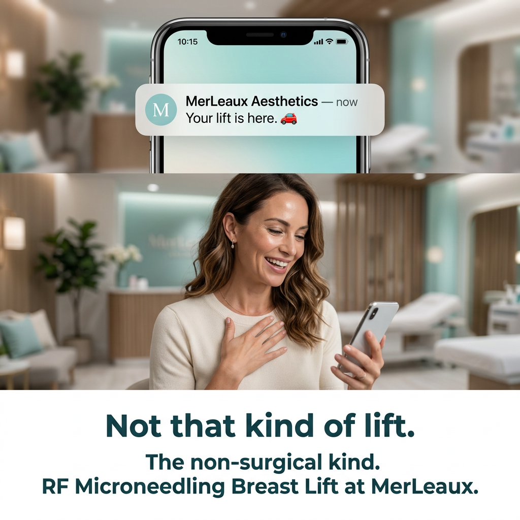 Non-surgical breast lift treatment using RF Microneedling at MerLeaux Aesthetics in Bay St. Louis, Mississippi.